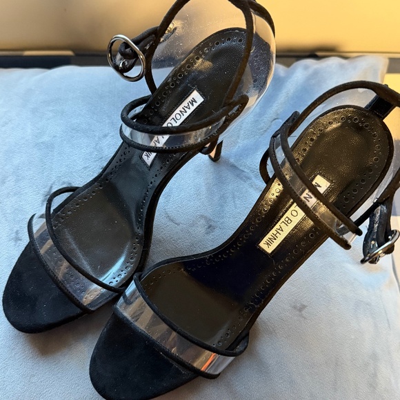 Manolo Blahnik Shoes - Manolo Blahnik Fersen 105 Suede & Vinyl Sandal, Black Size 38